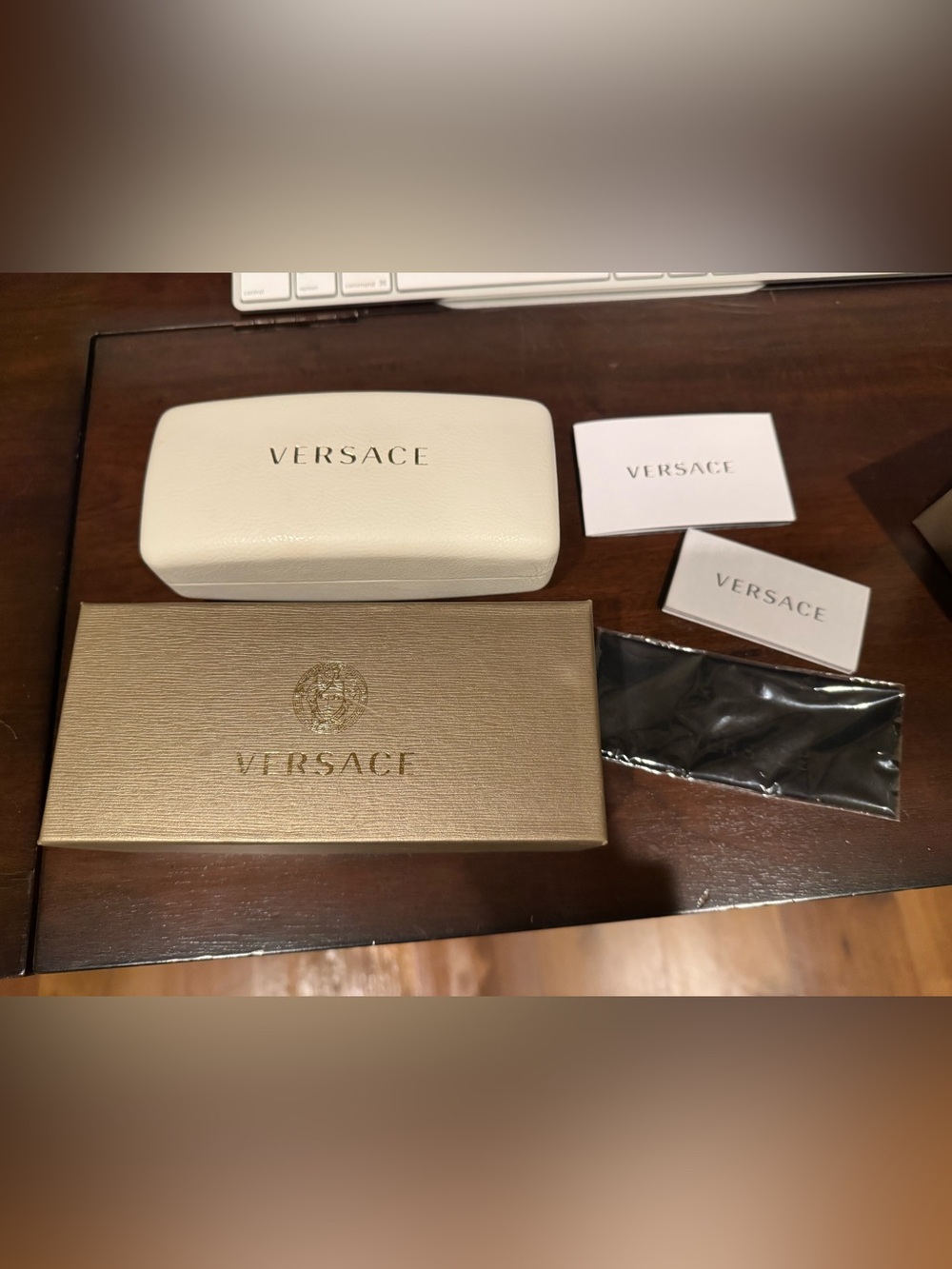 Versace White Sunglass Case with Gold Logo Box